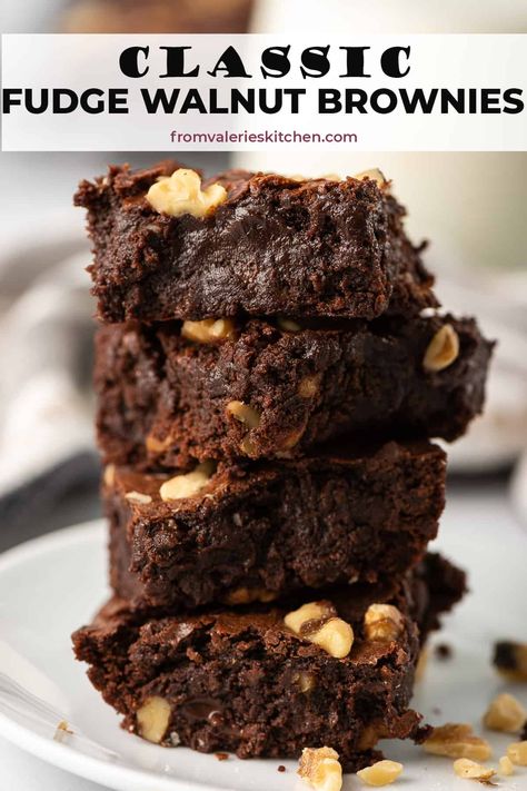 These Classic Fudge Walnut Brownies are deliciously rich with a fabulous dense texture. They are quick and easy to make and SO much better than a boxed mix! #brownies #chocolate #dessert Walnut Brownie Recipe, Classic Fudge, Brownies Caramel, Chocolate Walnut Brownies, Brownie Cake Recipe, Walnut Fudge, Keto Fudge, Walnut Brownies, Bakers Chocolate