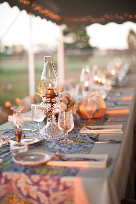 Abby & Greg’s Vintage Homespun Cornfield Wedding Oil Lamps Wedding Centerpieces, Patterned Table Runner Wedding, Oil Lamps Wedding, Oil Lamp Wedding Centerpieces, Oil Lamp Centerpiece Wedding, Oil Lamp Wedding, Cornfield Wedding, Lamp Centerpieces, Oil Lamp Decor