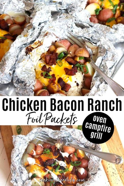 Delicious Chicken Bacon Ranch Foil Packets are SUPER EASY and can be made in your oven, over a campfire or on a grill. Foil packet dinners are so much fun and make for easy cleanup. Tender ranch seasoned chicken and potatoes are the perfect dinner idea and camping recipe! Easily customizable for your whole family! #SeekingTheRVLife Ranch Chicken And Veggies, Campfire Chicken, Camping Recipes Dinner, Grilled Foil Packets, Bacon Ranch Chicken, Foil Pack Recipes, Diet Lunch Ideas, Foil Meals, Camping Meal Planning