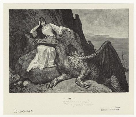 Dragon Resting Its Head On The Lap Of A Woman. - NYPL Digital Collections Dragon Medieval, Medieval Dragon, Pet Dragon, Cool Dragons, Sore Eyes, Dragon Illustration, Arte Fantasy, A Dragon, 영감을 주는 캐릭터