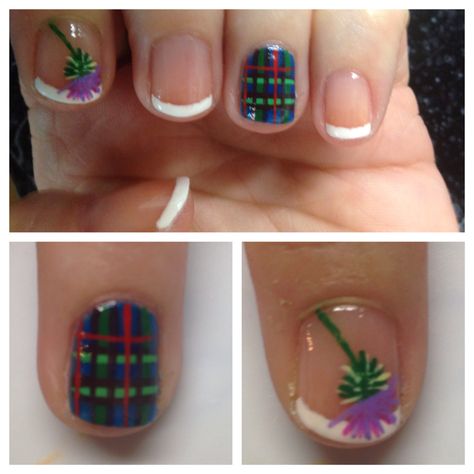 Scottish thistle and plaid Scottish Thistle Nail Art, Thistle Nail Art, Scottish Nail Art, Scottish Nails, Scotland Nails, Asb Ideas, Short Nail Manicure, English Flag, Bonnie Scotland