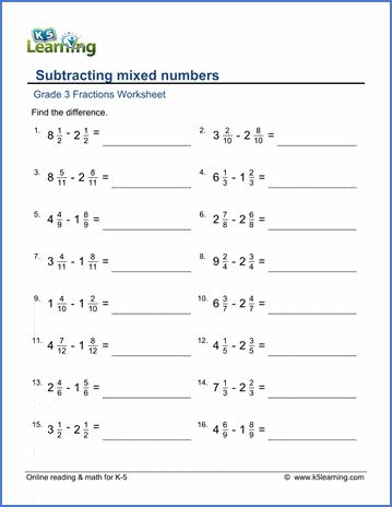 Grade 3 Worksheets: Subtracting mixed numbers with like denominators | K5 Learning