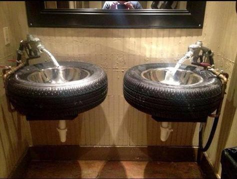 something to do with the tires from the ranch...HaHa!! Garage Sink, Diy Industrial Furniture, Man Cave Furniture, Ultimate Man Cave, Car Furniture, Man Cave Bathroom, Man Cave Home Bar, Old Tires, Man Cave Ideas