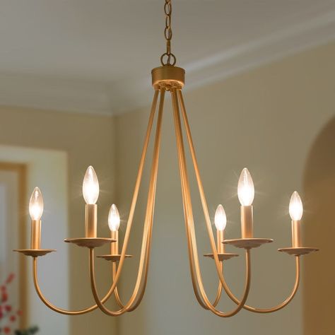 The gentle curves of 6-light bring a graceful airiness to contemporary rooms. The lighting fixture body is finished in gold, subjoining the elegant charm to space. Mid Century Modern Gold Chandelier, Modern Gold Chandelier, Candlestick Chandelier, Gold Light Fixture, Modern Farmhouse Chandelier, Metal Dining Room, Gold Dining, Dining Room Pendant, Luxurious Interior