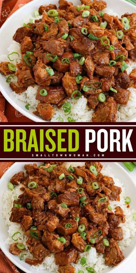 Give this main course recipe a try! This easy family dinner is also perfect for entertaining guests. Cooked with onions and garlic in a sweet and spicy ginger sauce, this simple braised pork is delicious! Pork Braised Recipes, Braised Pork Recipes, Braised Meat Recipes, Pork Crock, Braising Recipes, Pork Recipes For Dinner, Easy Family Dinner, Crockpot Pulled Pork, Pork Stir Fry