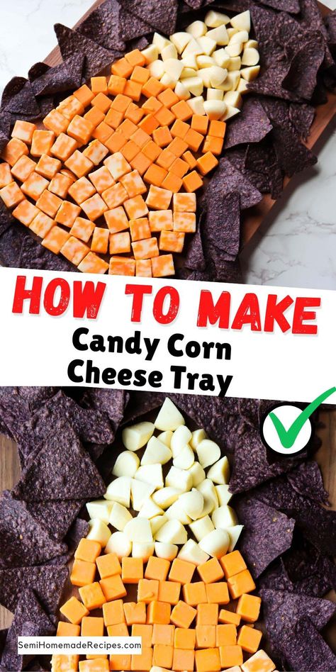 Need an easy snack tray for a Halloween Party? This Cheese Tray takes minutes to put together and taste WAY better than real candy corn! Halloween Chili Charcuterie Board, Salty Halloween Snacks For School, Candy Corn Veggie Tray, Appetizers Halloween Party, Halloween Party Food And Drink Ideas, Healthy Halloween Side Dishes, Easy Halloween Snack Ideas For Kids Party, Finger Food Halloween Ideas, Pumpkin Cheese Tray