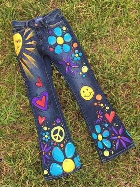 Blue Casual Denim Pants #women'sbottoms #women's #bottoms #pants Flower Child Hippie, Jean Art, Jean Diy, Hippie Costume Halloween, Hippie Jeans, Hippie Halloween, Painted Clothing, Hippie Party, Diy Jeans