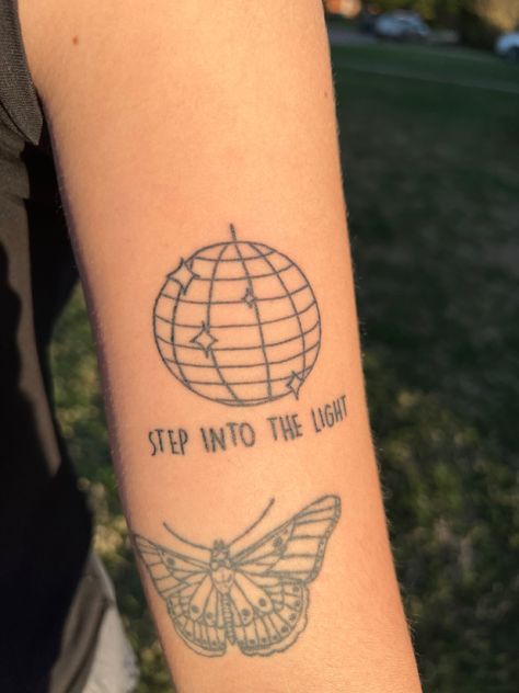 Minimalistic Harry Styles Tattoo, Lights Up Tattoo Harry Styles, Traditional Word Tattoo, Harry Styles Lyrics Tattoo, Harry Styles Disco Ball, Tatoos Harry Styles Inspired, Harry Styles Minimalist Tattoo, Harry Styles Tattoos Ideas, Disco Tattoo