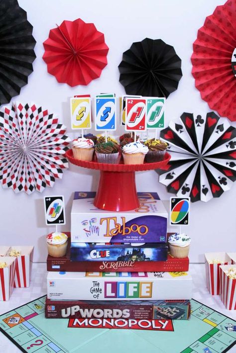 Game Night Candy Table, Game Night Cupcake Ideas, Games Night Theme Party, Games Night Birthday Party Ideas, Game Night Bday Party, Game Night Diy Decorations, Game Night Theme Party Decorations, Card Game Birthday Party Ideas, Game Night Decorations Ideas Diy