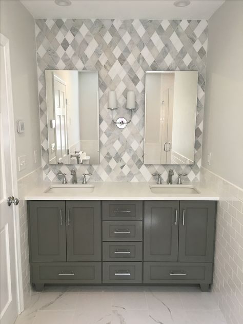 Marble tile wall; BM Chelsea gray vanity; white quartz counter; Kohler faucets and medicine cabinets; BM Horizon walls Tile Wall Bathroom Vanity, Bathroom Vanity Tile, Tile Behind Vanity, Tiled Vanity, Grey Feature Wall, Tile Accent Wall, Bathroom Sink Design, Gray And White Bathroom, Grey Floor Tiles