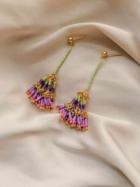 Multicolor Beaded Flower Drop Earrings, Purple And Green Beaded Earrings, Green Colorful Beaded Dangle Flower Earrings, Adjustable Colorful Beaded Flower-shaped Earrings, Unique Multicolor Flower-shaped Beaded Earrings, Miyuki Beads, Earrings Inspiration, Beaded Accessories, Beaded Dangle Earrings