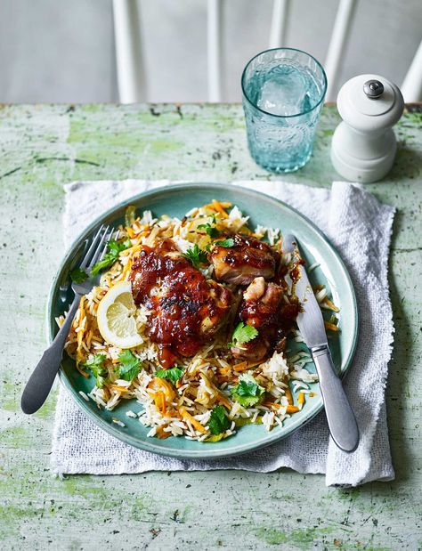 Chutney is a quick, clever way to flavour chicken in this easy midweek meal. Thighs are much cheaper than breast and more flavoursome, too Pilau Recipe, Waitrose Recipes, Waitrose Food, Chicken Nachos Recipe, Sainsburys Recipes, Mango Chicken, Midweek Meals, Chicken Thigh Recipes, Baking Paper