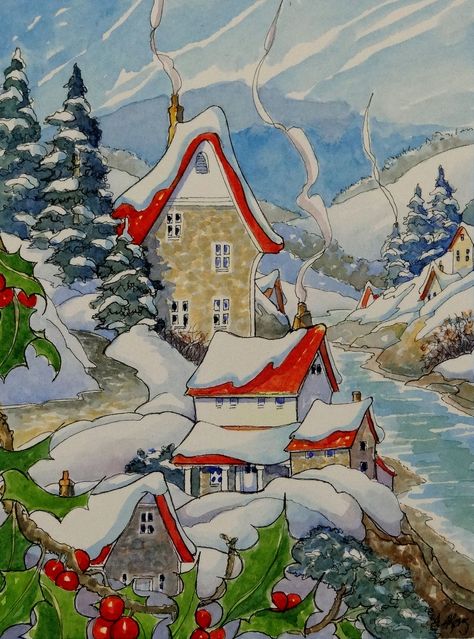 Homes Drawing, Alida Akers, Art Deco Cottage, River Village, Cottage Illustration, Cottage Painting, Christmas Note, Postal Vintage, Storybook Art