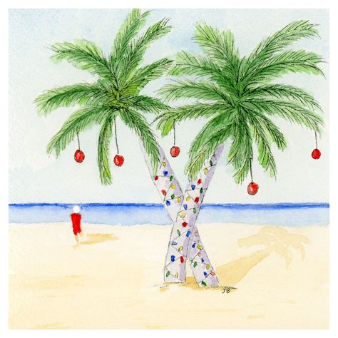 Santa headed for the blue water of the ocean, on a beach with two palm trees decorated with red Christmas balls and lights. Tropical Christmas Cards, Palm Tree Christmas, Christmas Fish, Aloha Sign, Christmas Card Wishes, Christmas Palm Tree, Christmas Slogans, Hawaii Christmas, Surfing Santa