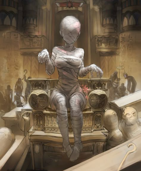 Card: Marian the Mummy Mummy Concept Art, Mummy Pose, Female Monster Art Horror, Sitting On A Throne Reference, Fire Sorceress, Female Mummy, Egyptian Mummy, Anime Egyptian, Egyptian Eye