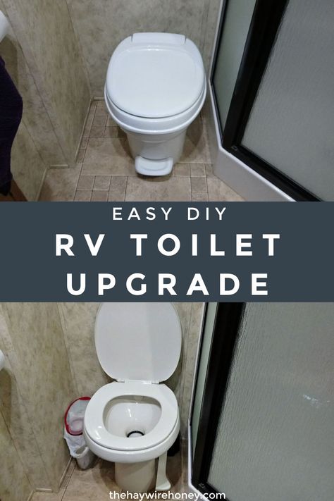 How to easily upgrade your RV toilet on your own! DIY reno in a fifthwheel. Bathroom mod in an RV. Budget repairs and swaps in RVlife. Rv Bathroom Wallpaper, Rv Shower Remodel, Rv Bathroom Makeover, Rv Bathroom Remodel, Rv Updates, Toilet Remodel, Bathroom Trailer, Tiny Camper Trailer, Paint Rv