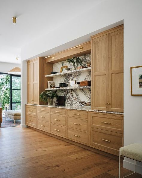 Jean Stoffer on Instagram: "The anatomy of a beautiful kitchen elevation. We think it’s important to give the eye some visual relief when incorporating significant storage in an area. A lot of us don’t want to have to keep the insides of our cabinetry organized and pretty so we opt for wood cabinet doors. But sometimes too much of a good thing is….too much. So bringing in a different element, like stone shelves for functional display is exactly right!  Our Dogwood project kitchen hits all those right notes." Stone Shelves, Natural Wood Kitchen Cabinets, Jean Stoffer Design, Kitchen Elevation, Jean Stoffer, White Oak Kitchen, Natural Wood Kitchen, Wood Cabinet Doors, Dining Room Cabinet