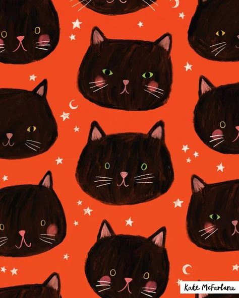 Kate McFarlane on Instagram: "Spooky season 🕷👻🦇🎃🐈‍⬛ #blackcat #happyhalloween #halloweenpattern #surfacepatterndesigner #blackandorange #patterndesigner #spookyseason" Kate Mcfarlane, Happy Black Cat, Black Cat Day, The Black Cat, Happy Black, Halloween Patterns, Next Door, Cat Print, Surface Pattern Design