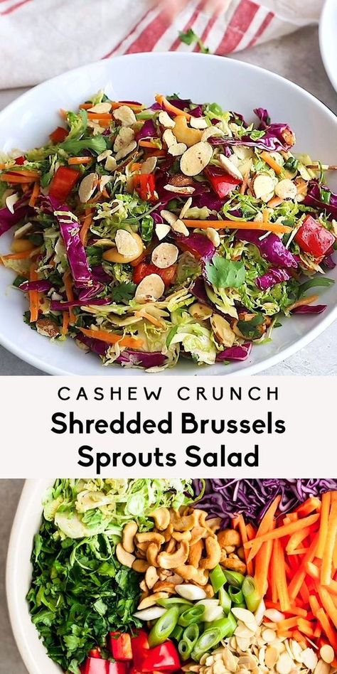 Easy Vegan Salad, Shredded Brussels Sprouts Salad, Cashew Crunch, Resep Vegan, Shredded Brussel Sprout Salad, Shredded Brussels Sprouts, Sesame Ginger Dressing, Colorful Veggies, Brussels Sprouts Salad