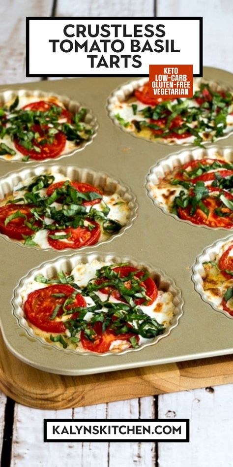 "Pinterest Image of CRUSTLESS TOMATO BASIL TARTS (VIDEO) showing cooked tarts in pan topped with sliced tomato and chopped basil on cutting board." Basil Eggs, Tomato Basil Quiche, Eggs Goat Cheese, Breakfast Tomatoes, Basil Quiche, Tomato Basil Tart, Tomato Mozzarella Basil, Tomato Breakfast, Breakfast Tart