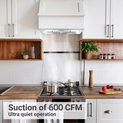 [600 CFM Powerful Suction But Quiet]Maximum 600 CFM great suction comes from powerful motor in range hood insert; able to work in good condition for several years. Maximum noise of this insert stove vent is only 65dB; just like walking in park. Hood Kitchen, Stove Vent, Range Hood Insert, Range Vent, Kitchen Vent, Stainless Range Hood, Stove Fan, Small Condo, Vent Hood