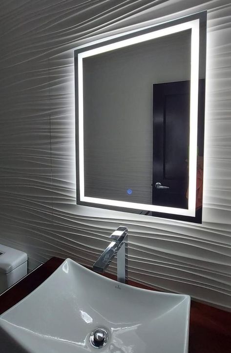 Washroom Mirror, Touch Mirror, Backlit Bathroom Mirror, Cool Room Designs, Door Glass Design, Mirror Bathroom, Mirror Light, Mirror Design, Led Mirror Bathroom