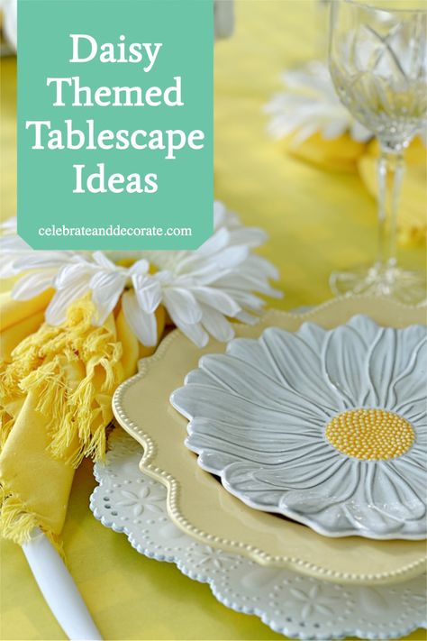 Daisy Themed Tablescape Ideas Daisy Arrangements, Daisy Centerpieces, Pink Table Settings, Pink Tablescape, Daisy Theme, Buffalo Check Tablecloth, Yellow Napkins, Pink Dishes, White Charger