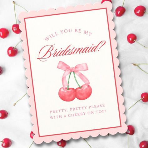 Girly Coquette Bow Cherry Bridesmaid Proposal Card Girly Coquette, Bridesmaid Proposal Card, Soft Watercolor, Pretty Please, Be My Bridesmaid Cards, Bridesmaid Proposal Cards, Bridal Party Proposal, Bridesmaid Cards, Coquette Bow