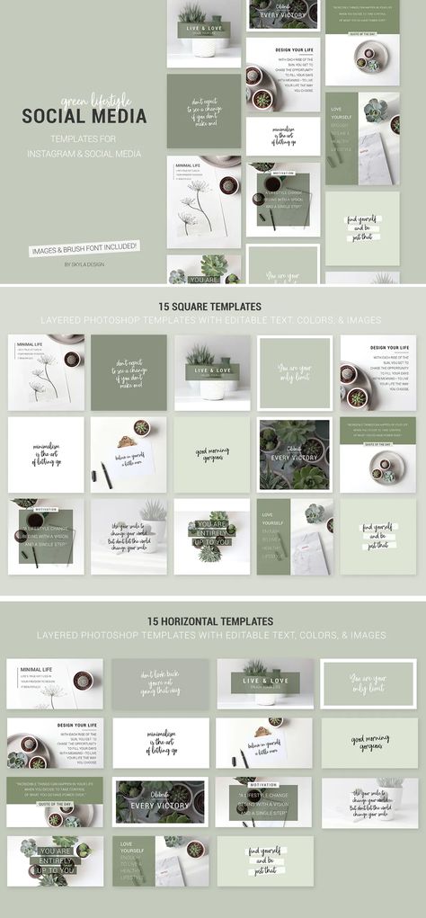 Green Lifestyle Social Media Templates. 15 Square templates 1200 x 1200 px for Instagram, Facebook & Blogs. 15 Horizontal templates 1200 x 627 px for Facebook, Twitter & Blogs. Instagram Concept Design, Content Social Media Design, Green Social Media Template, Instagram Square Layout Design, Green Instagram Feed, Green Instagram Template, Module Architecture, Social Media Theme, Green Feed