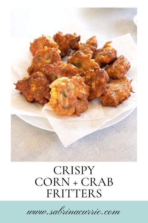 Lots of crab and minimal light batter make these corn and crab fritters light and crispy. Makes approximately 12 crab fritters depending how big or small you make them. Crispy Crab Appetizer, Crispy Crab Nuggets, Crab And Corn Fritters, Lobster Fritters, Crab Fritters Recipe, Seafood Fritters, Fried Crab Balls, Crab Fritters, Crab Balls