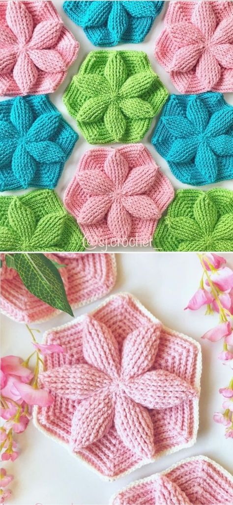 Amazing Hexagon Crochet Blanket Ideas. Im absolutely in love with these 3D flowers in the pictures below. I mean, just take a look at the texture and these vibrant colors, they look like they were taken straight out of a fairytale. What's more, you can join them together or just make separate decorations of them. #freecrochetpattern #afghan #square 3d Crochet Square Patterns, Hexagon Motif Crochet Pattern, 3d Crochet Granny Squares, 3d Granny Square Pattern, Hexagon Haken, 3d Crochet Patterns, 3d Crochet Blanket, 3d Granny Squares, Hexagon Crochet Blanket