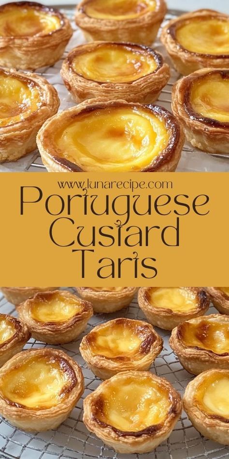 🥧 Indulge in the flavors of Portuguese Custard Tarts with this easy recipe! Crispy, flaky crust filled with creamy, caramelized custard—perfect for a quick treat or a dessert for gatherings. This iconic Portuguese pastry will wow your guests! Save and try it now! #CustardTarts #PortugueseDessert #EasyBaking #PastryRecipe #PortugueseTarts Portuguese Custard Tart Recipe, Sweet Puff Pastry Recipes, Baked Custard Recipe, Sweet Puff Pastry, Portuguese Custard Tarts, Portuguese Dessert Recipes, Tart Crust Recipe, Custard Tarts Recipe, Puff Pastry Recipes Dessert