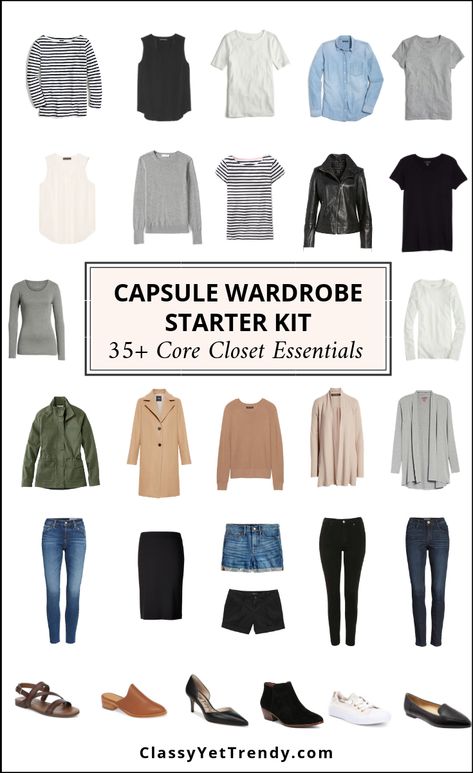 Capsule Wardrobe Starter Kit - 35+ Core Closet Essentials -  The ULTIMATE visual guide (with shopping links) of basic essentials that you need for a functional wardrobe that will make DOZENS of outfits!  Stock your closet with these core closet essentials often included in the Classy Yet Trendy Capsule Wardrobe eBooks! Capsule Wardrobe Starter Kit, Two Week Capsule Wardrobe, Essential Closet Pieces, Core Closet Essentials, Spring Closet Essentials, How To Dress Expensive On A Budget, Teacher Capsule Wardrobe Spring, Basic Closet Essentials, Winter Closet Essentials