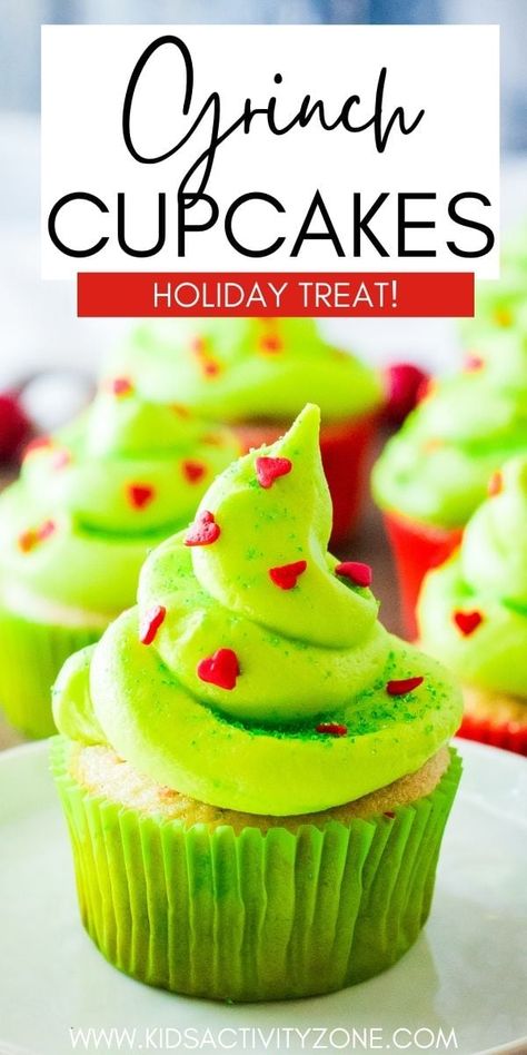 Having a Grinch themed party? Watching the Grinch for movie night? Make these fun Grinch Cupcakes! They start with a peppermint flavored cupcake and are topped with a homemade peppermint buttercream. Then decorate them with green sugar and heart sprinkles for the perfect Grinch ending! Grinch Cupcakes, Peppermint Buttercream, Heart Sprinkles, Christmas Sprinkles, How To Make Cupcakes, Cupcake Flavors, Green Food Coloring, Christmas Cupcakes, Fun Cute