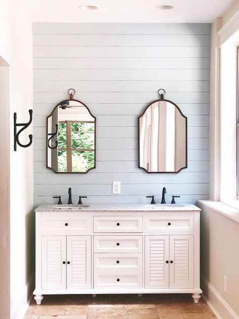 Coastal Bathroom Backsplash, Coastal Gray Bathroom, Bathroom Vanity Shiplap Wall, Scone Lights Wall Sconces Bathroom, Sea Salt Shiplap, Coastal Shiplap Bathroom, Light Blue Shiplap Wall, Painted Shiplap Bathroom, Shiplap Wall In Bathroom