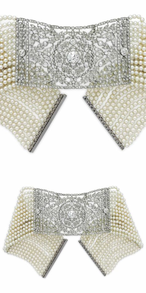 A BELLE ÉPOQUE PEARL AND DIAMOND NECKLACE: Designed as a multi-row seed pearl choker, spaced by platinum bar links, centering upon an old and single-cut diamond openwork panel of foliate motif, joined by an old-cut diamond clasp, circa 1910, 12 ins., mounted in platinum.  Via Christie's. Handmade Antique Jewelry, Seed Pearl Jewelry, Vintage Diamond Necklace, Vintage Jewlery, Pearl Jewels, Pearl And Diamond Necklace, Diamond Jewelry Necklace, Diamond Necklaces, Initial Pendant Necklace