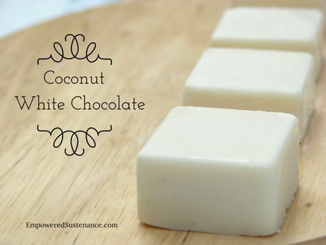 HOMEMADE COCONUT WHITE CHOCOLATE FUDGE with coconut flour, coconut butter and coconut oil. Carrot Pudding, White Chocolate Fudge, Cacao Butter, Paleo Sweets, Browned Butter, Paleo Treats, Grain Free Recipes, Coconut Recipes, Coconut Butter