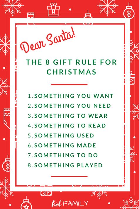 Keep Christmas simple, stress-free, and clutter-free with this brand new spin on the four gift rule for Christmas. This 8 Gift Rule for Christmas will become a family tradition you can carry on year after year. Something they want, need, wear, read, used, made, to do, played. Lots of eco-friendly, wooden, natural, STEM, and budget friendly gift ideas. #christmas #christmasgiftideas #giftsforkids #minimalism #holfamily Christmas Diy Gifts Cheap, How To Display Christmas Stockings Without A Fireplace, 8 Gift Rule For Christmas, Christmas Gift Organization, Christmas Gifts On A Budget Diy, Christmas Present Ideas For Family, Gift Rule For Christmas, Want Need Wear Read, Organised Mum