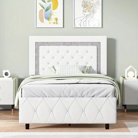 Bed Frame Padded Platform Bed Button Tufting Headboard - Temu Bed Construction, Bed Frame Platform, Luxury Bed Frames, Bed Frame Upholstered, Twin Platform Bed Frame, 12 Strong, Twin Size Bed Frame, Romantic Luxury, Twin Size Bed