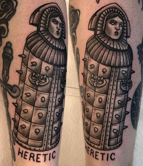 Iron Maiden Torture Device, Iron Maiden Tattoo, Medieval Illustrations, Leg Band Tattoos, Medieval Torture, School Designs, Sleeve Ideas, Small Tattoos For Guys, Sleeves Ideas