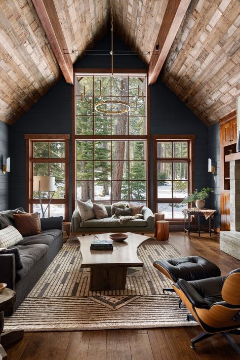 Mountain House Renovation, Minnesota Lake Homes, Cozy Mountain Cabin Aesthetic, Lake Tahoe Living Room, Lake Cabin Interiors Living Room, Tahoe Cabin Interior, Lake Tahoe Cabin Interior, Moody Mountain Living Room, Cozy Cabin Design