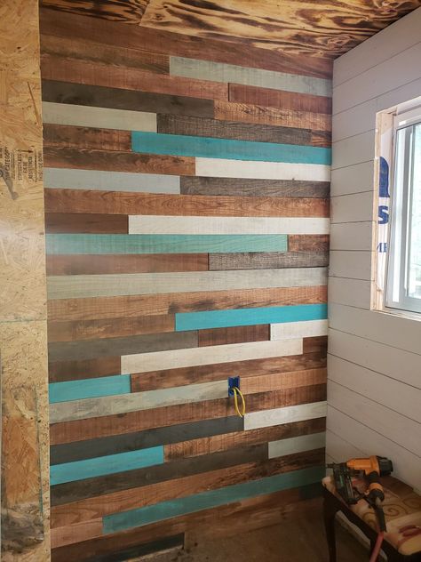 Accent Wall With Pallets, Multicolor Wood Wall, Dark Teal Wood Accent Wall, Multi Color Wood Wall, Rustic Wall Paint, Pallet Wall Ideas, Pallet Accent Wall, Wooden Pallet Wall, Painted Pallet