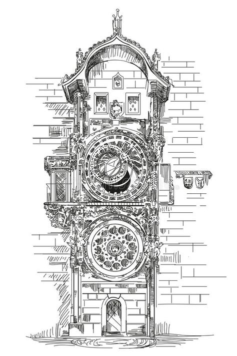 Prague Clock, Prague Astronomical Clock, Clock Drawings, Europe Culture, Astronomical Clock, Travel Crafts, Prague Travel, Travel Drawing, Clock Tattoo