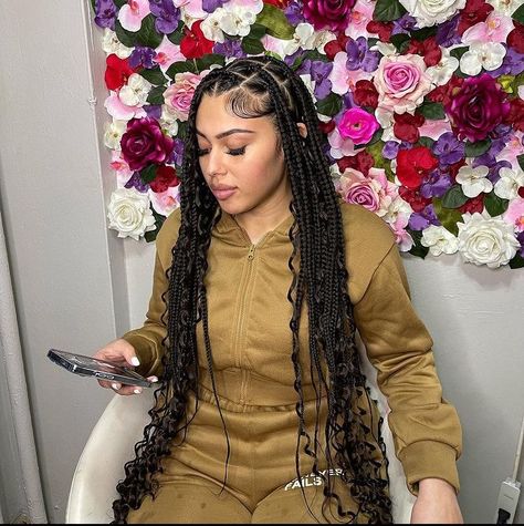 Big Knotless Box Braids Side Part, Goddess Braids Latina, Braids Mexican Hair, Goddess Braids Side Part, Side Part Goddess Braids, Jumbo Bohemian Knotless Braids, Florida Hair, Triangle Braids, Black Kids Braids Hairstyles