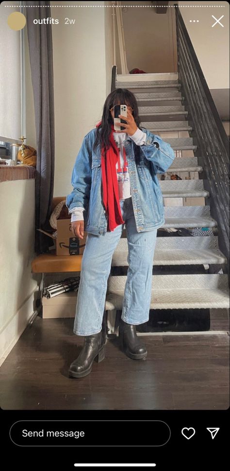 Denim jacket, denim jeans, red scarf, graphic crewneck, black chunky boots, winter outfit inspo Midsize Outfits Aesthetic, Midsize Fashion Winter, Midsize Outfits, Midsize Fashion, Denim On Denim, Thrifted Outfits, Thrift Fashion, Cold Weather Outfits, Tomboy Fashion