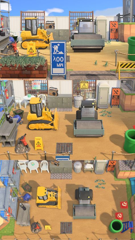 Animal Crossing Construction Ideas, Acnh Construction Site Ideas, Animal Crossing Construction Site, Acnh Factory, Acnh Construction Site, Acnh Construction, Acnh Citycore, Animal Crossing 3ds, Hand Washing Station