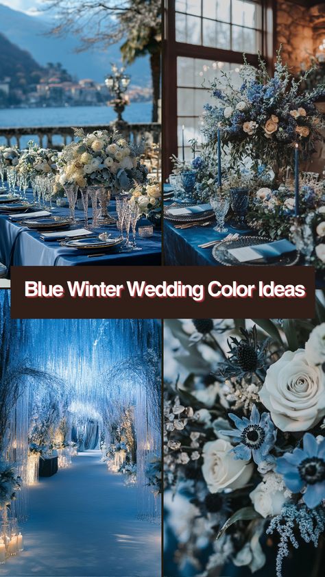 A beautiful blue winter wedding color palette featuring navy blue, green, and frozen blue hues for a winter-inspired wedding theme. Winter Wonderland Wedding Colors Palette, Navy And Silver Winter Wedding, Winter Wedding Theme Colors, Dark Dusty Blue Wedding, Color Schemes With Blue, Blue Winter Wedding Ideas, Navy Blue Winter Wedding, Dark Blue Wedding Theme, Winter Wedding Blue