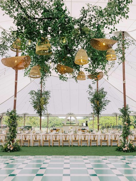 This Windemere Farms wedding reception with a floral dance floor install & checkered green dance floor wowed guests has they entered the sperry tent  | Planned & Designed by tented wedding Planners Shannon Rose Events | Be sure to click the link below for more tent wedding inspiration! Eucalyptus Wedding Tent, Lanterns Over Dance Floor, Checkers Dance Floor, Greenhouse Tent Wedding, Wedding Tent Flooring, Tent Greenery Wedding, Tent Floral Installation, Checkered Dancefloor, Tent Wedding Ceremony