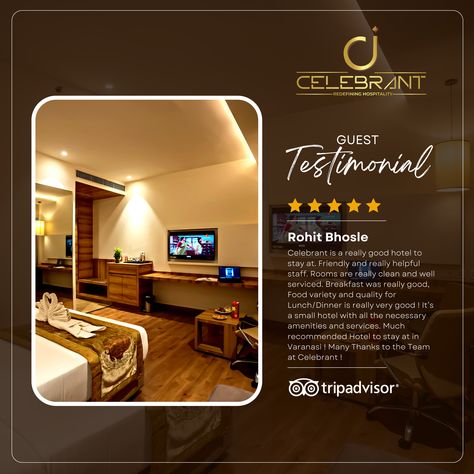 Thank you for your positive review! We're glad to hear that you found our hotel to be clean and comfortable, and that you appreciated the friendly and helpful staff. We hope to see you again soon! Email Us : gm@celebranthotels.com Call Us : +91-9517-299-951 Website : http://celebranthotels.com #GuestExperience #HotelReview #TravelerFeedback #StayExperience #tripadvisor #tripadvisorreview #CustomerSatisfaction #ValueForMoney #restaurant #varanasi #hotelsinvaranasi #celebrant #celebranthotels Review Creative Ads, Hotel Social Media Post Design, Hotel Post Design, Hotel Instagram Feed, Hotel Banner Design, Hotel Social Media Post, Hotel Marketing Design, Hotel Advertisement, Hotel Sales