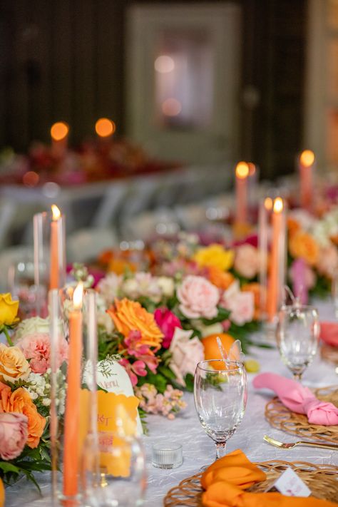 Colorful wedding centerpiece inspiration | taper candles | June Wedding Colorful Wedding Table Settings, Colorful Wedding Table, Colorful Wedding Centerpieces, Centerpiece Inspiration, Wedding Tablescape, June Wedding, Colorful Wedding, Wedding Table Settings, Wedding Tablescapes